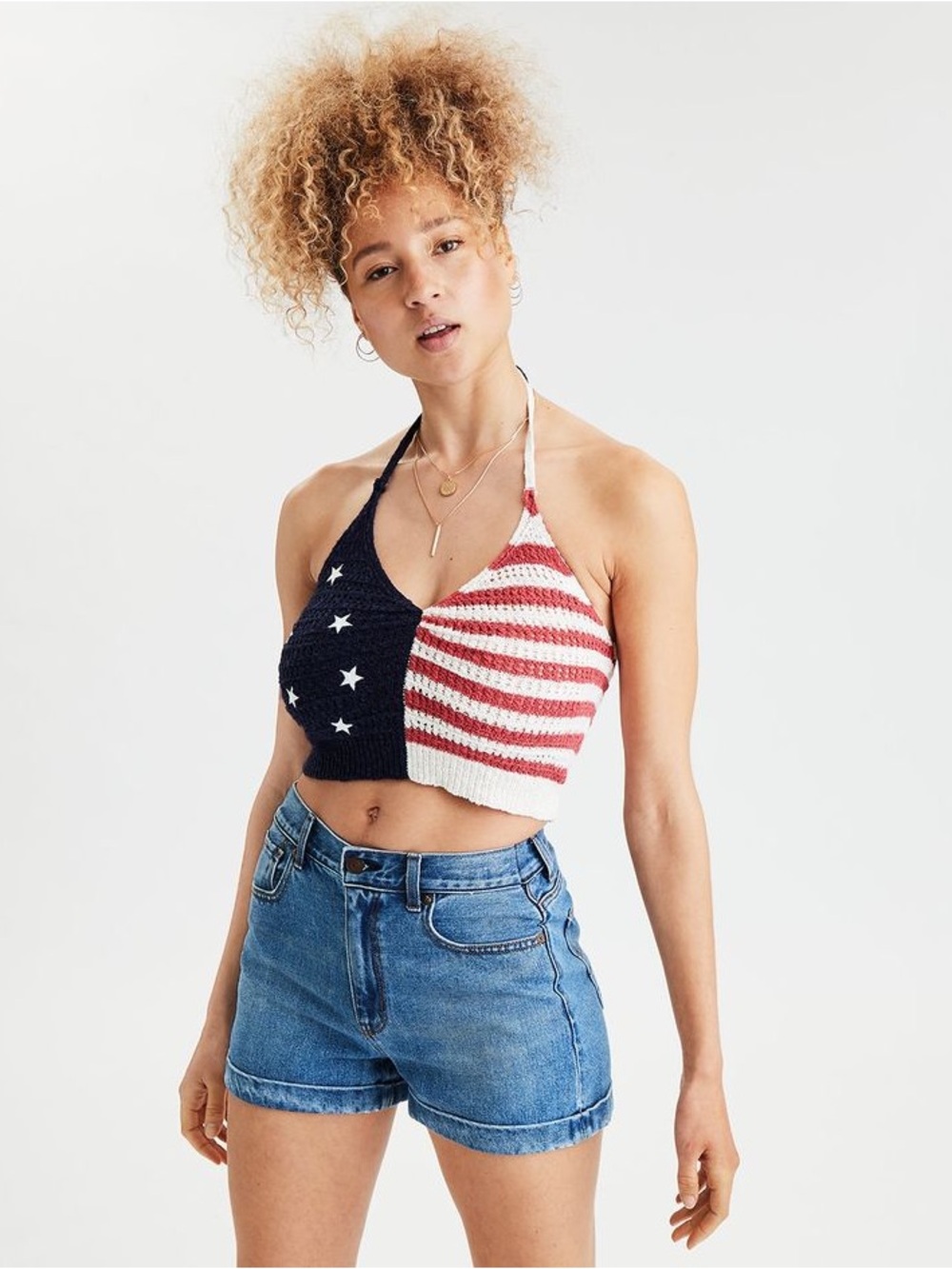 American Eagle Crochet Halter Top USA Flag Cropped Festival Concert Red Blue M